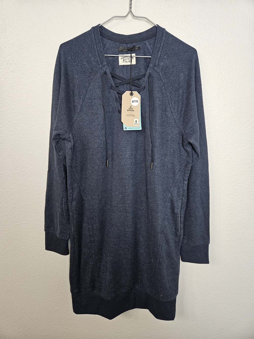 Prana Navy Lace-Up V-Neck Terry Long Sleeve Dress Size M